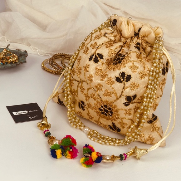 Bags | Newboho Drawstring Clutch Bag Black N Gold | Poshmark